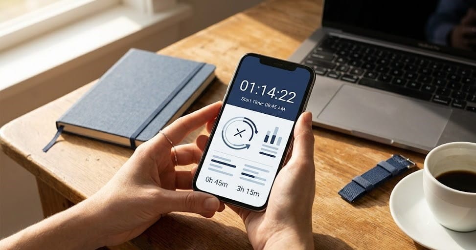 Mitarbeiter prüft eine Zeiterfassungs-App auf dem Smartphone neben Kaffee und Laptop – digitale Arbeitszeiterfassung im Büro